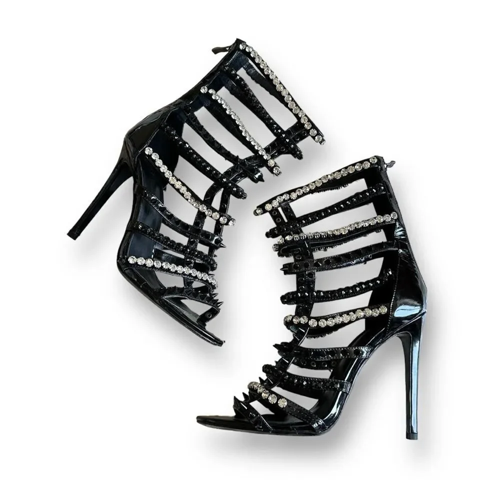 I Am Jennifer Le Razor High Heel Sandals Black Patent Crystal Spike Size 39